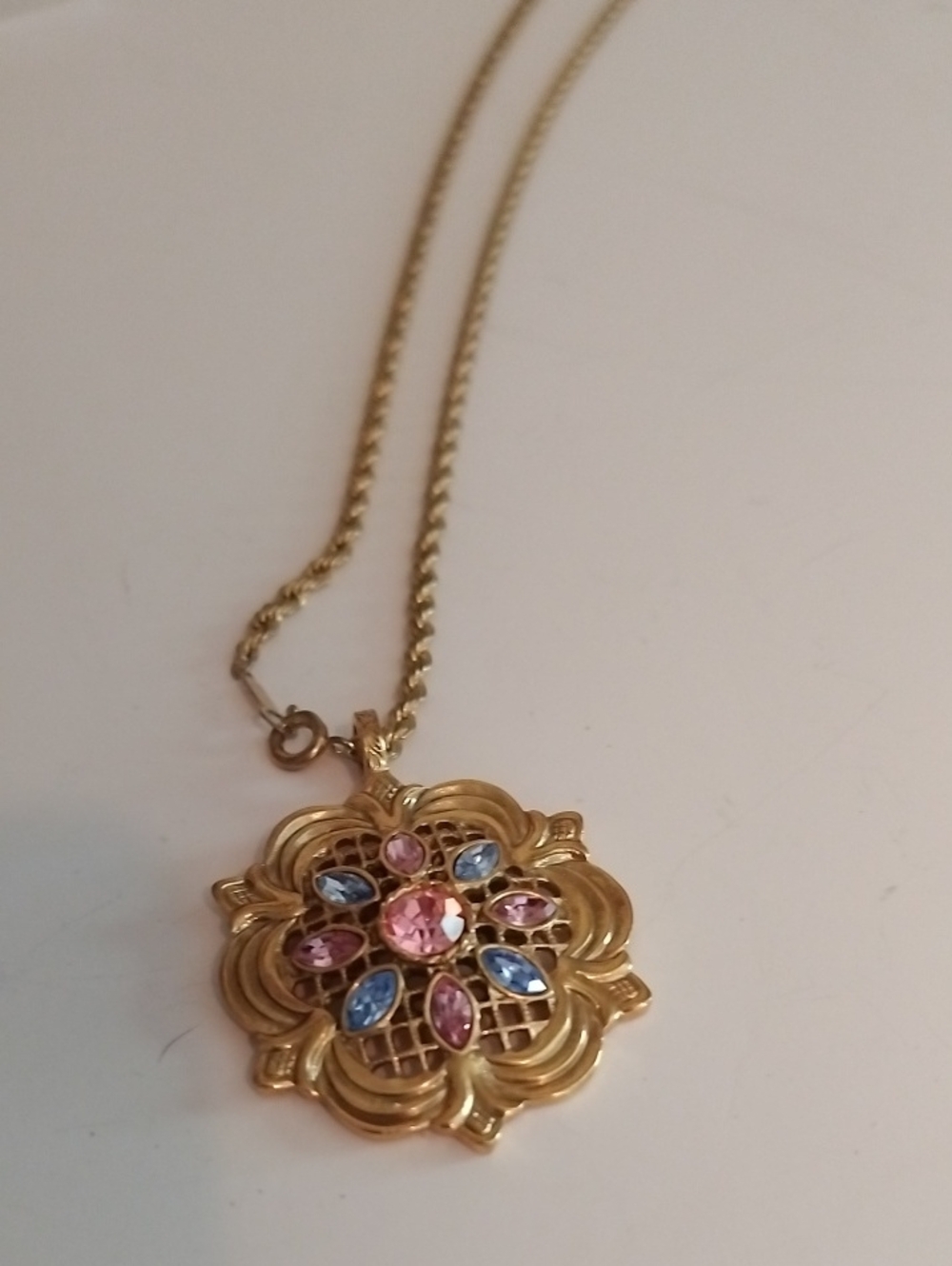 Gold-Tone Floral Pendant Necklace with Pink and Blue Stones